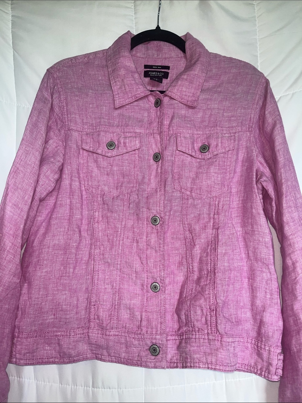 Jones New York Orchid Pink Linen Trucker Jacket Medium Button Front Utility